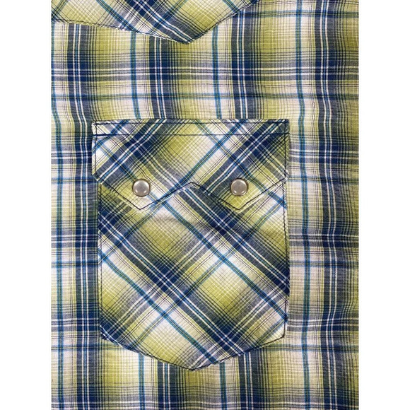 Wrangler Mens Western Cowboy Shirt Green Plaid Short Sleeve Pocket Pearl Snap L - Picture 3 of 7